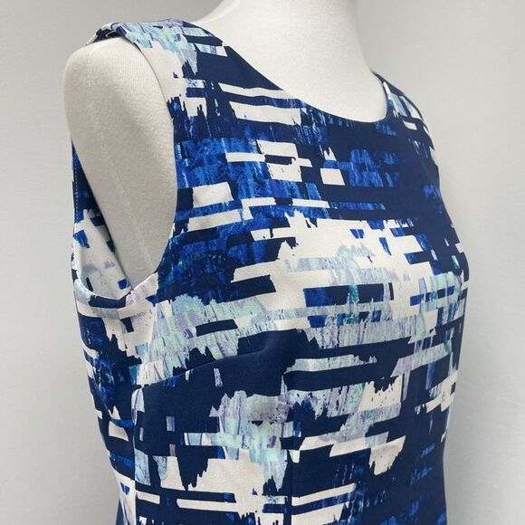 Blue & White Geometric Sleeveless Dress Womens Size 12 Wedding Guest Work Dress - Picture 13 of 15